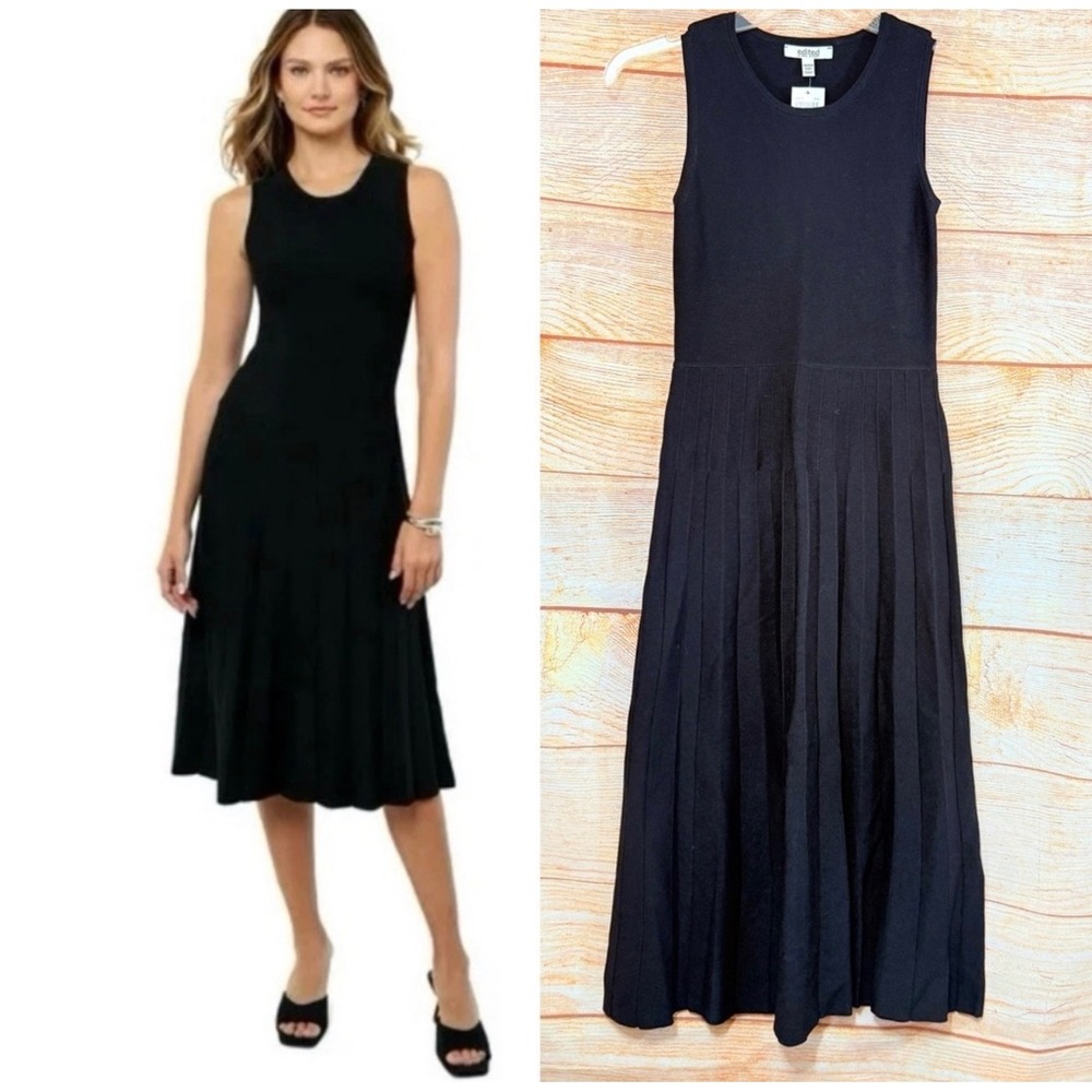 Edited by Remi Bader XL Black Ribbed Pleated‎ Midi Dress Quiet Luxury